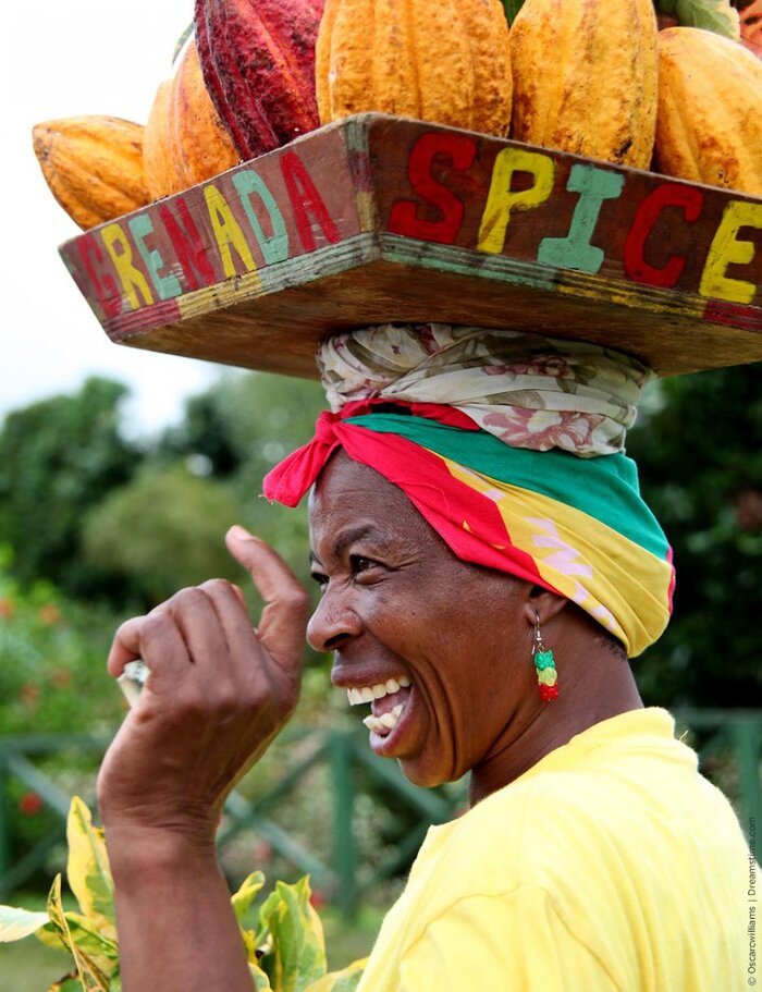 Einheimische Frau trägt Kakaofrüchte auf dem Kopf (Grenada Tourism Authority)